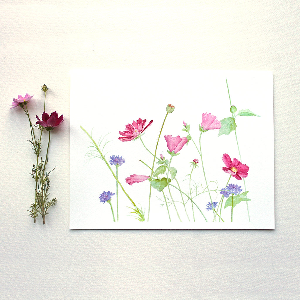 Wildflowers Watercolor Print based on an original watercolor painting by Kathleen Maunder. The image includes cosmos, malva and cornflowers.