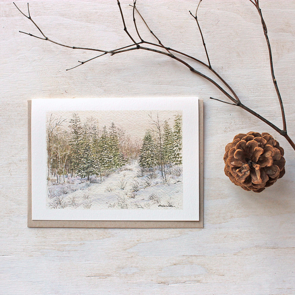 Note card with snowy winter watercolor landscape by Kathleen Maunder, Trowel and Paintbrush