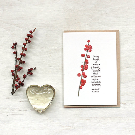 Note card featuring a watercolor painting of winterberry and a quote by Albert Camus