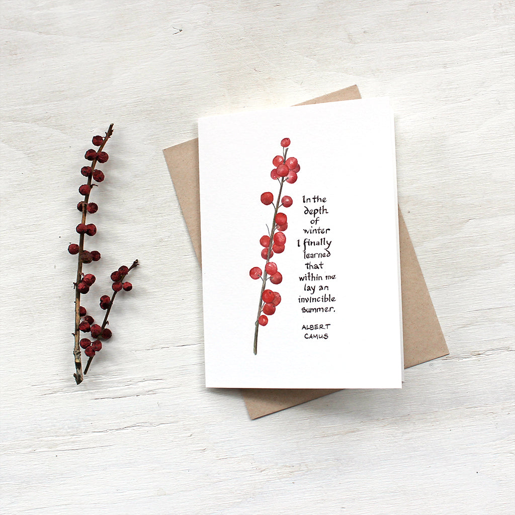 Winterberry watercolor card with hand-lettered Camus quote