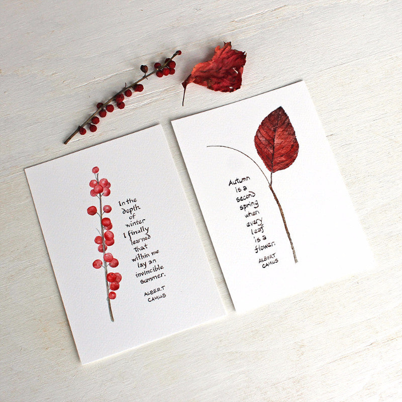 Winterberry and Autumn Leaf images with hand lettered Camus quotes