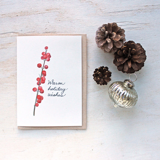 Winterberry holiday card. Lovely red berries and a hand lettered greeting. Painting by Kathleen Maunder.