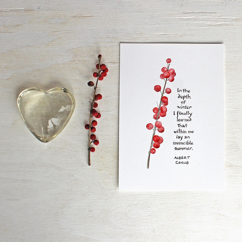 A beautiful art print with a watercolor painting of a sprig of winterberry and an inspiring quote by Albert Camus. Artist Kathleen Maunder.