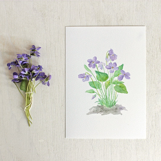 An art print of a delicate watercolor painting of wood violets by artist Kathleen Maunder.