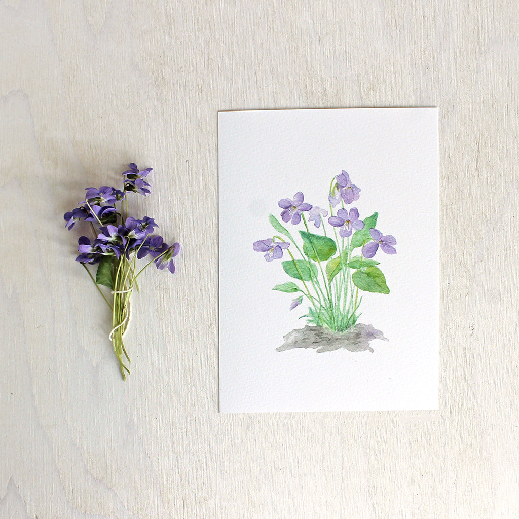 An art print of a delicate watercolour painting of wood violets by artist Kathleen Maunder.