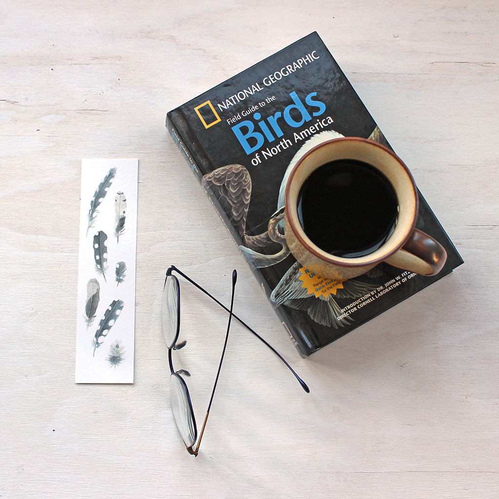 Woodpecker Feathers Bookmark featuring a painting by watercolor artist Kathleen Maunder 