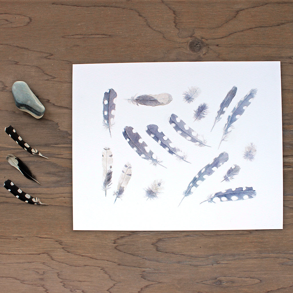 An art print featuring a watercolor painting of sixteen woodpecker feathers. Artist Kathleen Maunder.