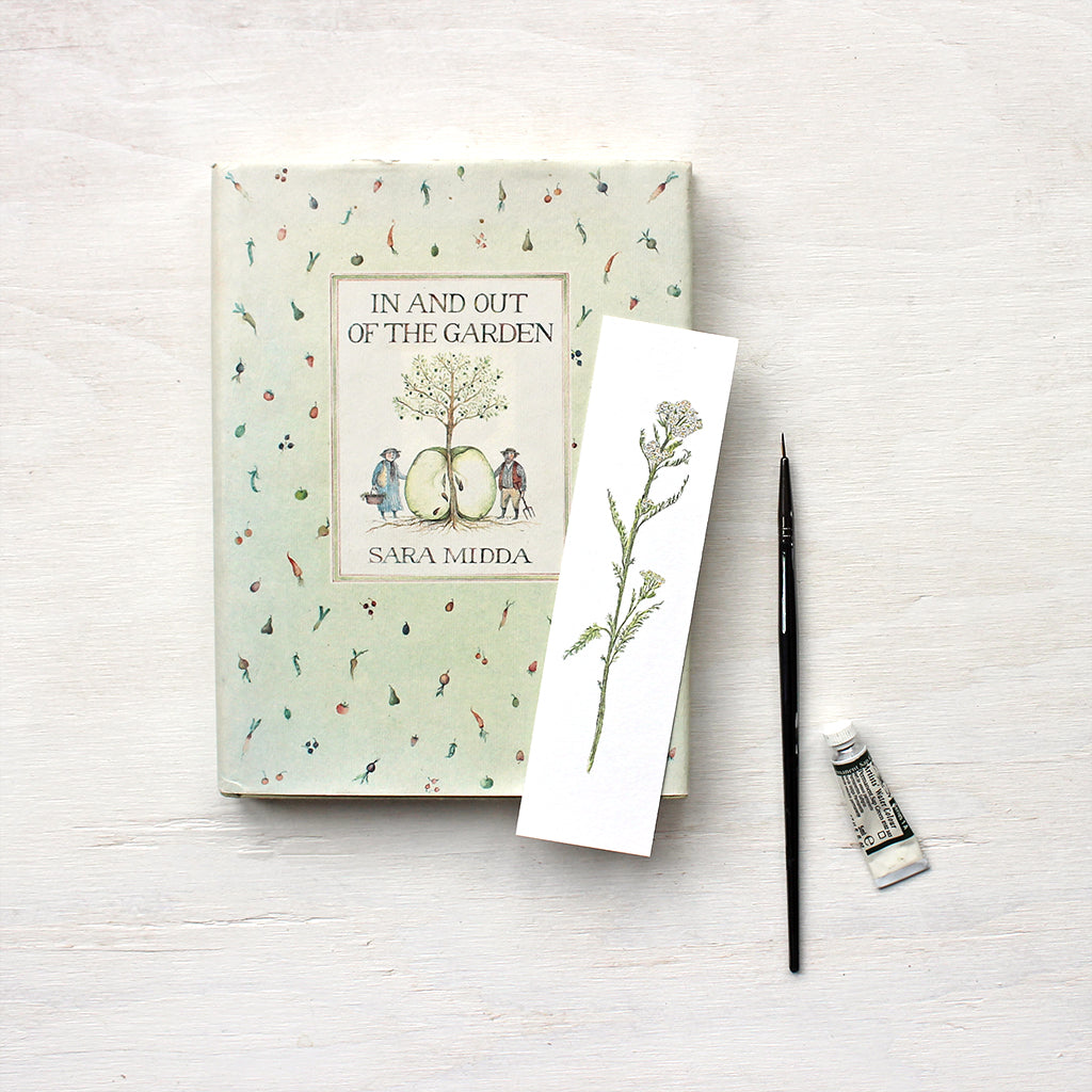 White yarrow (Achillea millefolium) watercolour bookmark by artist Kathleen Maunder
